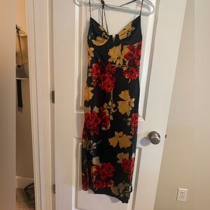 Black Floral Satin Slip Dress with Red and Gold Flowers